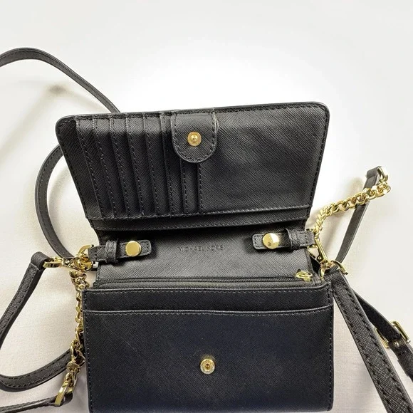 Michael Kors Jet Set Saffiano Leather Smartphone Crossbody Black Gold Timeless - Picture 7 of 10